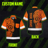 Hi Vis Hawaiian Shirt, Orange Flower Skull Custom Name High Visibility Short Sleeve Button Up Safety Shirt for Workers, Truckers