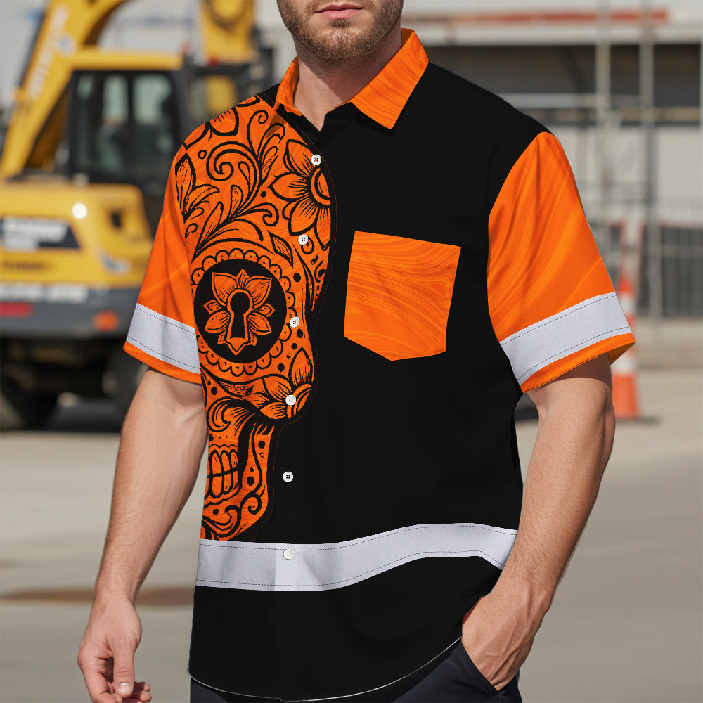 Hi Vis Hawaiian Shirt, Orange Flower Skull Custom Name High Visibility Short Sleeve Button Up Safety Shirt for Workers, Truckers