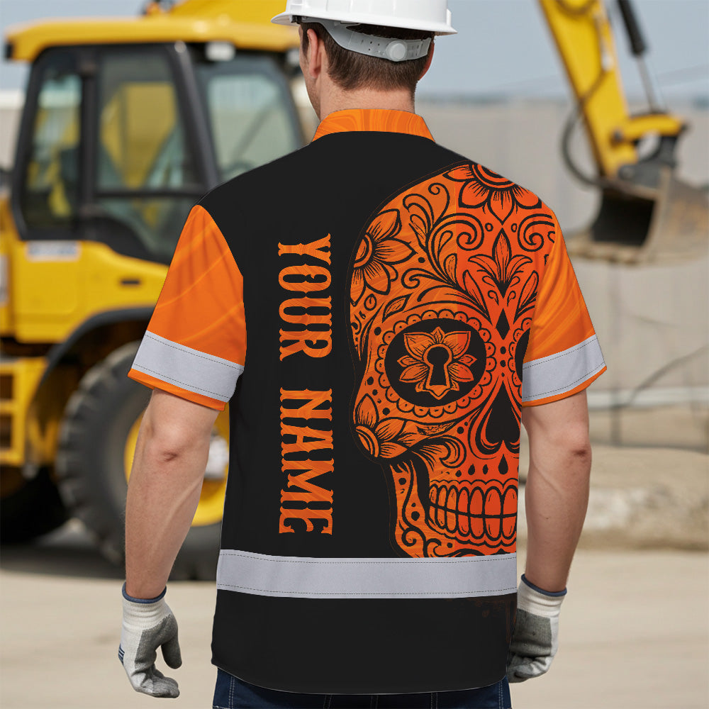 Hi Vis Hawaiian Shirt, Orange Flower Skull Custom Name High Visibility Short Sleeve Button Up Safety Shirt for Workers, Truckers