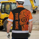 Hi Vis Hawaiian Shirt, Orange Flower Skull Custom Name High Visibility Short Sleeve Button Up Safety Shirt for Workers, Truckers