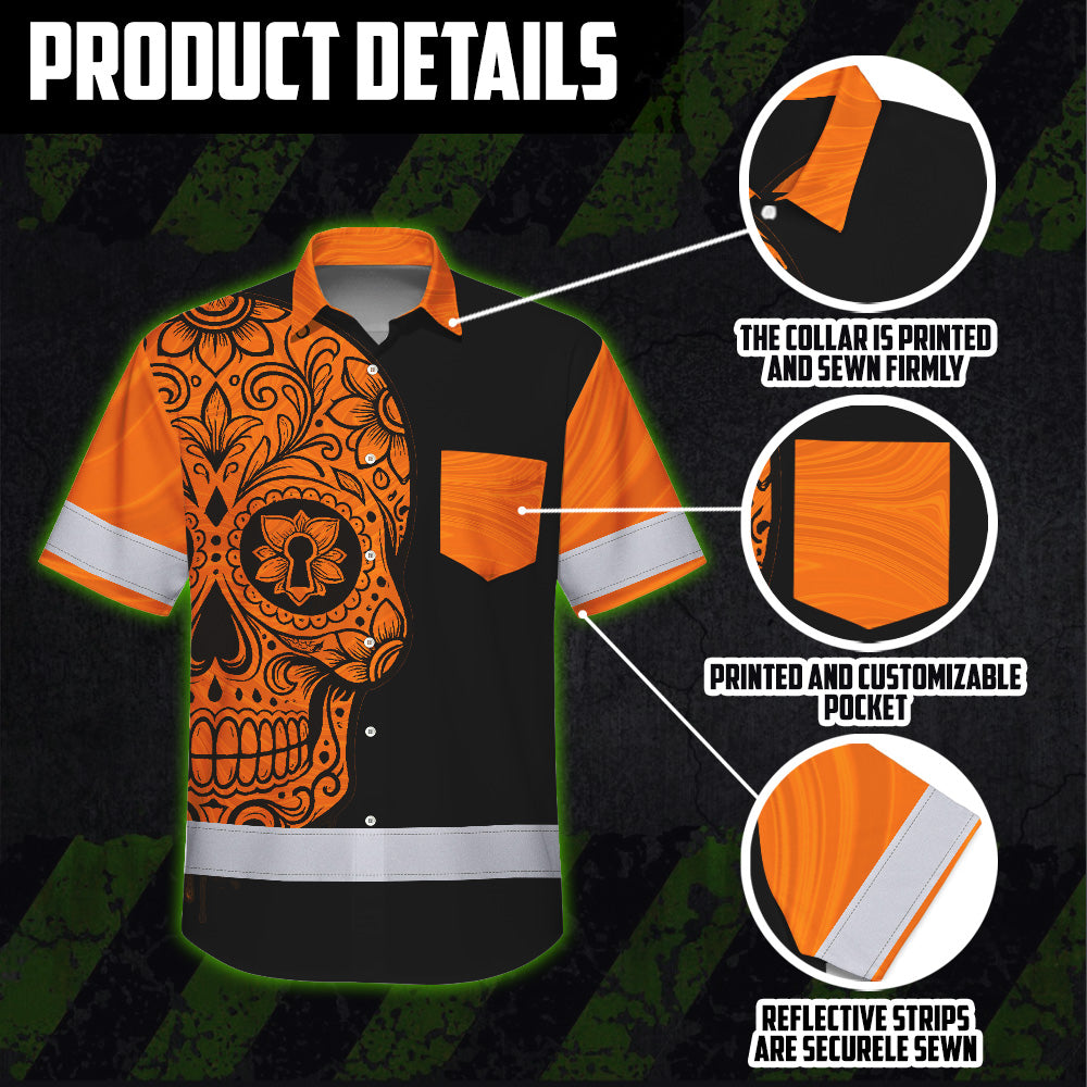 Hi Vis Hawaiian Shirt, Orange Flower Skull Custom Name High Visibility Short Sleeve Button Up Safety Shirt for Workers, Truckers