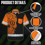 Hi Vis Hawaiian Shirt, Orange Flower Skull Custom Name High Visibility Short Sleeve Button Up Safety Shirt for Workers, Truckers