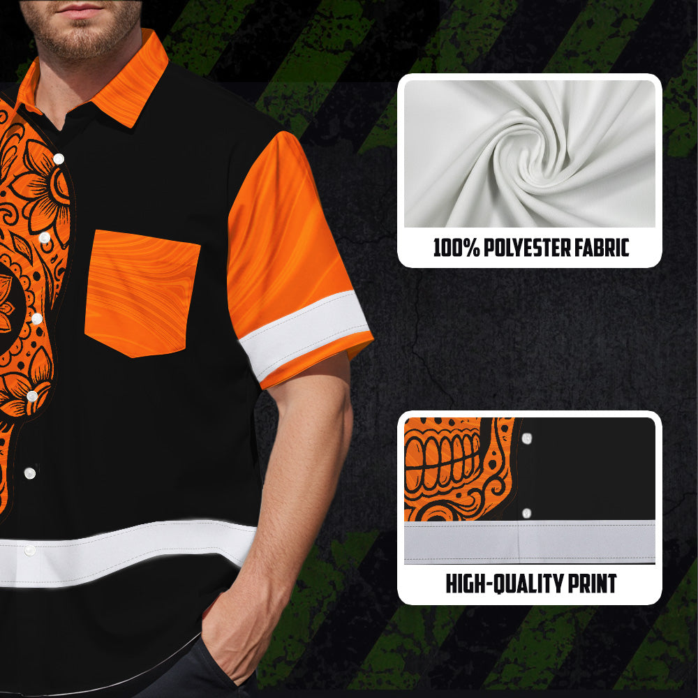 Hi Vis Hawaiian Shirt, Orange Flower Skull Custom Name High Visibility Short Sleeve Button Up Safety Shirt for Workers, Truckers