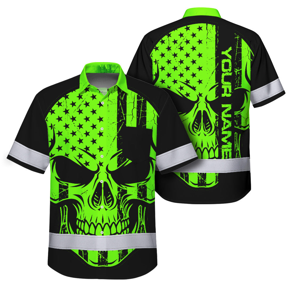 Hi Vis Hawaiian Shirt, Green Flag Skull Custom Name High Visibility Short Sleeve Button Up Safety Shirt for Workers, Truckers