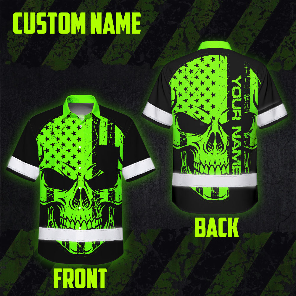 Hi Vis Hawaiian Shirt, Green Flag Skull Custom Name High Visibility Short Sleeve Button Up Safety Shirt for Workers, Truckers