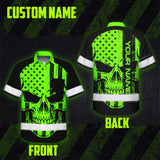Hi Vis Hawaiian Shirt, Green Flag Skull Custom Name High Visibility Short Sleeve Button Up Safety Shirt for Workers, Truckers