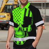 Hi Vis Hawaiian Shirt, Green Flag Skull Custom Name High Visibility Short Sleeve Button Up Safety Shirt for Workers, Truckers