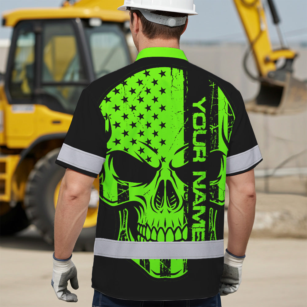 Hi Vis Hawaiian Shirt, Green Flag Skull Custom Name High Visibility Short Sleeve Button Up Safety Shirt for Workers, Truckers