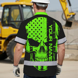 Hi Vis Hawaiian Shirt, Green Flag Skull Custom Name High Visibility Short Sleeve Button Up Safety Shirt for Workers, Truckers