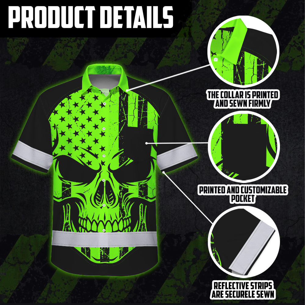 Hi Vis Hawaiian Shirt, Green Flag Skull Custom Name High Visibility Short Sleeve Button Up Safety Shirt for Workers, Truckers