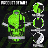 Hi Vis Hawaiian Shirt, Green Flag Skull Custom Name High Visibility Short Sleeve Button Up Safety Shirt for Workers, Truckers