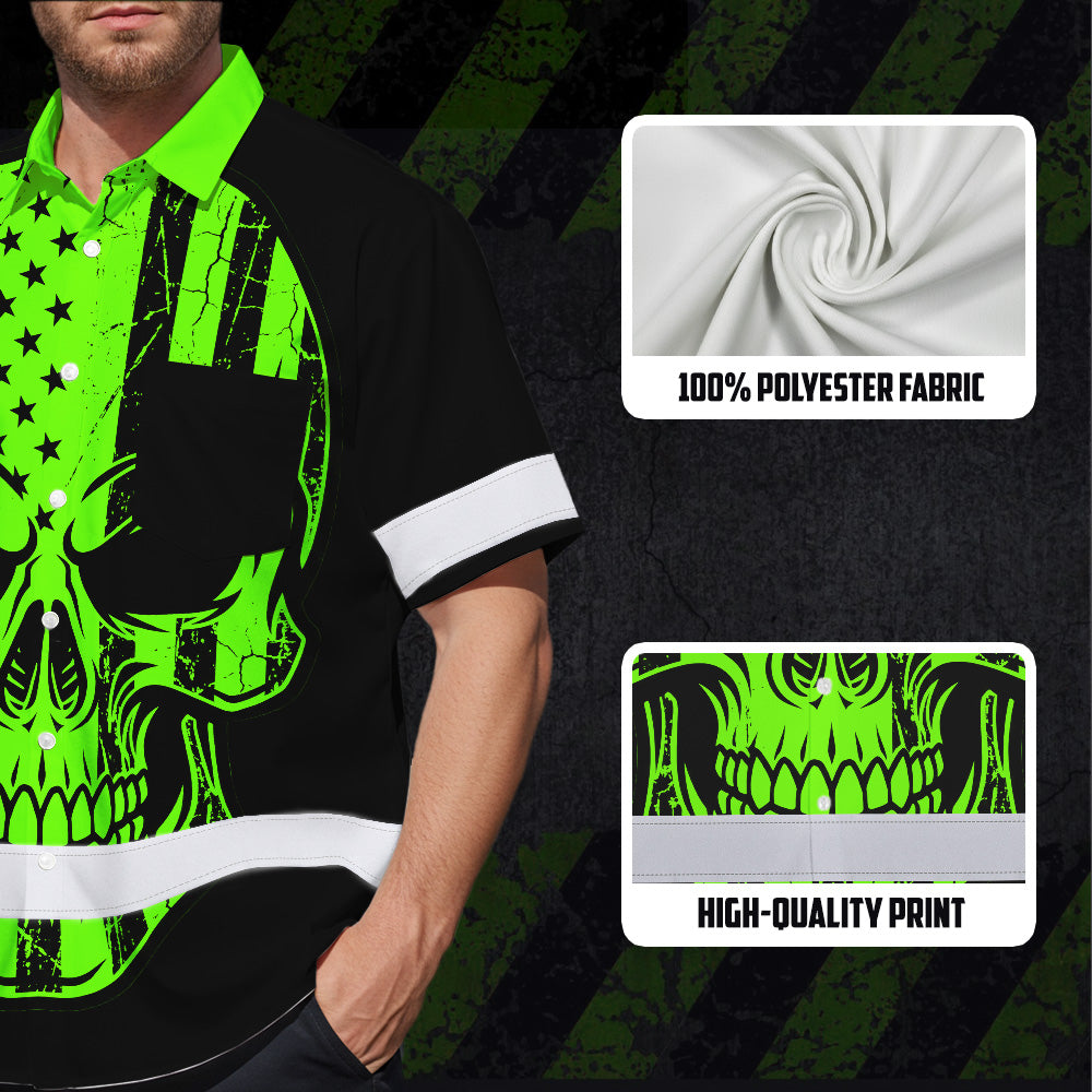 Hi Vis Hawaiian Shirt, Green Flag Skull Custom Name High Visibility Short Sleeve Button Up Safety Shirt for Workers, Truckers