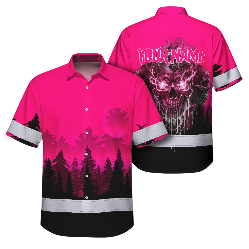 Hi Vis Hawaiian Shirt, Pink Skull Custom Name High Visibility Short Sleeve Button Up Safety Shirt for Workers, Truckers