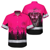 Hi Vis Hawaiian Shirt, Pink Skull Custom Name High Visibility Short Sleeve Button Up Safety Shirt for Workers, Truckers
