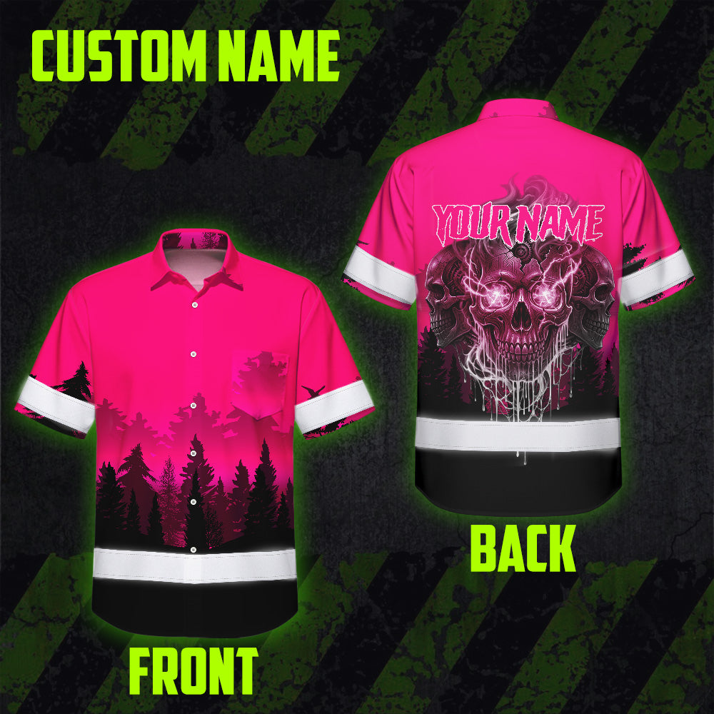 Hi Vis Hawaiian Shirt, Pink Skull Custom Name High Visibility Short Sleeve Button Up Safety Shirt for Workers, Truckers