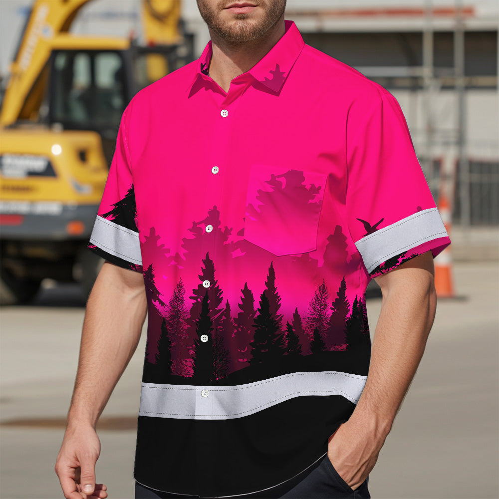 Hi Vis Hawaiian Shirt, Pink Skull Custom Name High Visibility Short Sleeve Button Up Safety Shirt for Workers, Truckers