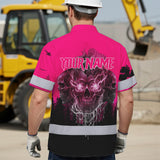 Hi Vis Hawaiian Shirt, Pink Skull Custom Name High Visibility Short Sleeve Button Up Safety Shirt for Workers, Truckers