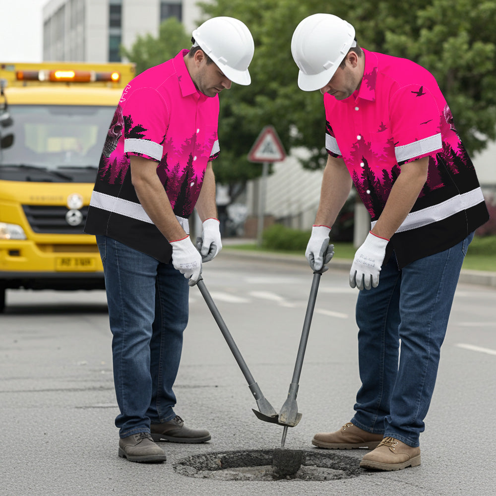Hi Vis Hawaiian Shirt, Pink Skull Custom Name High Visibility Short Sleeve Button Up Safety Shirt for Workers, Truckers