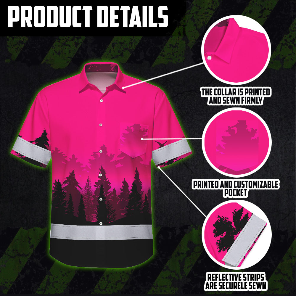 Hi Vis Hawaiian Shirt, Pink Skull Custom Name High Visibility Short Sleeve Button Up Safety Shirt for Workers, Truckers