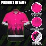 Hi Vis Hawaiian Shirt, Pink Skull Custom Name High Visibility Short Sleeve Button Up Safety Shirt for Workers, Truckers
