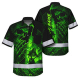 Hi Vis Hawaiian Shirt, Green Reaper Skull Custom Name High Visibility Short Sleeve Button Up Safety Shirt for Workers, Truckers