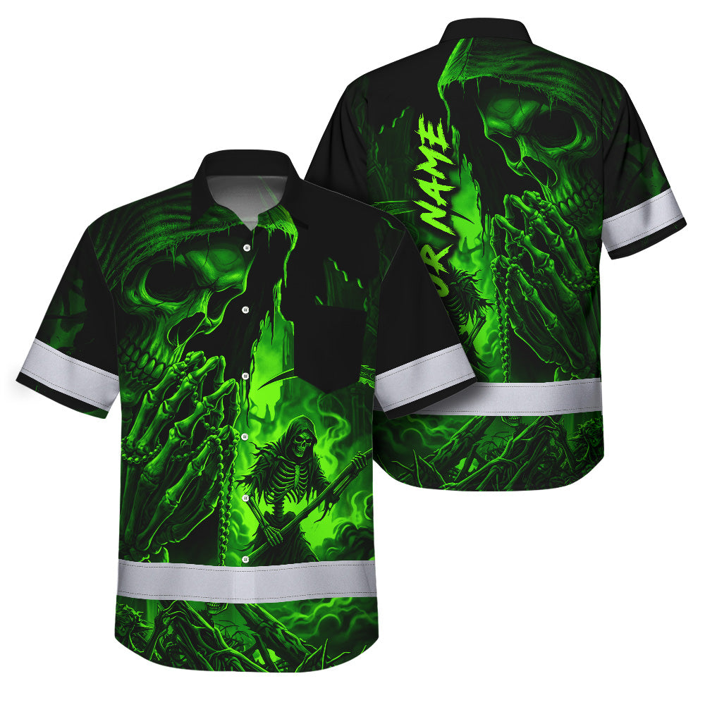 Hi Vis Hawaiian Shirt, Green Reaper Skull Custom Name High Visibility Short Sleeve Button Up Safety Shirt for Workers, Truckers