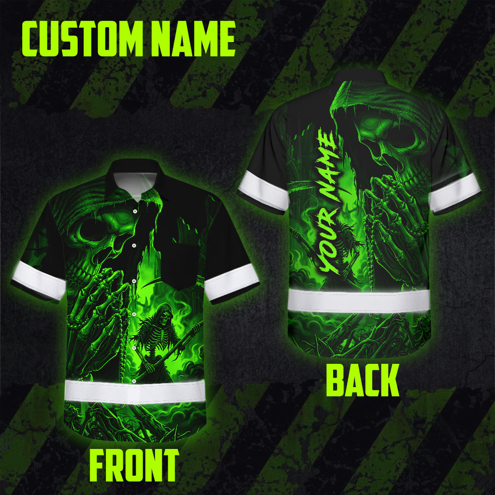 Hi Vis Hawaiian Shirt, Green Reaper Skull Custom Name High Visibility Short Sleeve Button Up Safety Shirt for Workers, Truckers