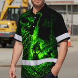 Hi Vis Hawaiian Shirt, Green Reaper Skull Custom Name High Visibility Short Sleeve Button Up Safety Shirt for Workers, Truckers