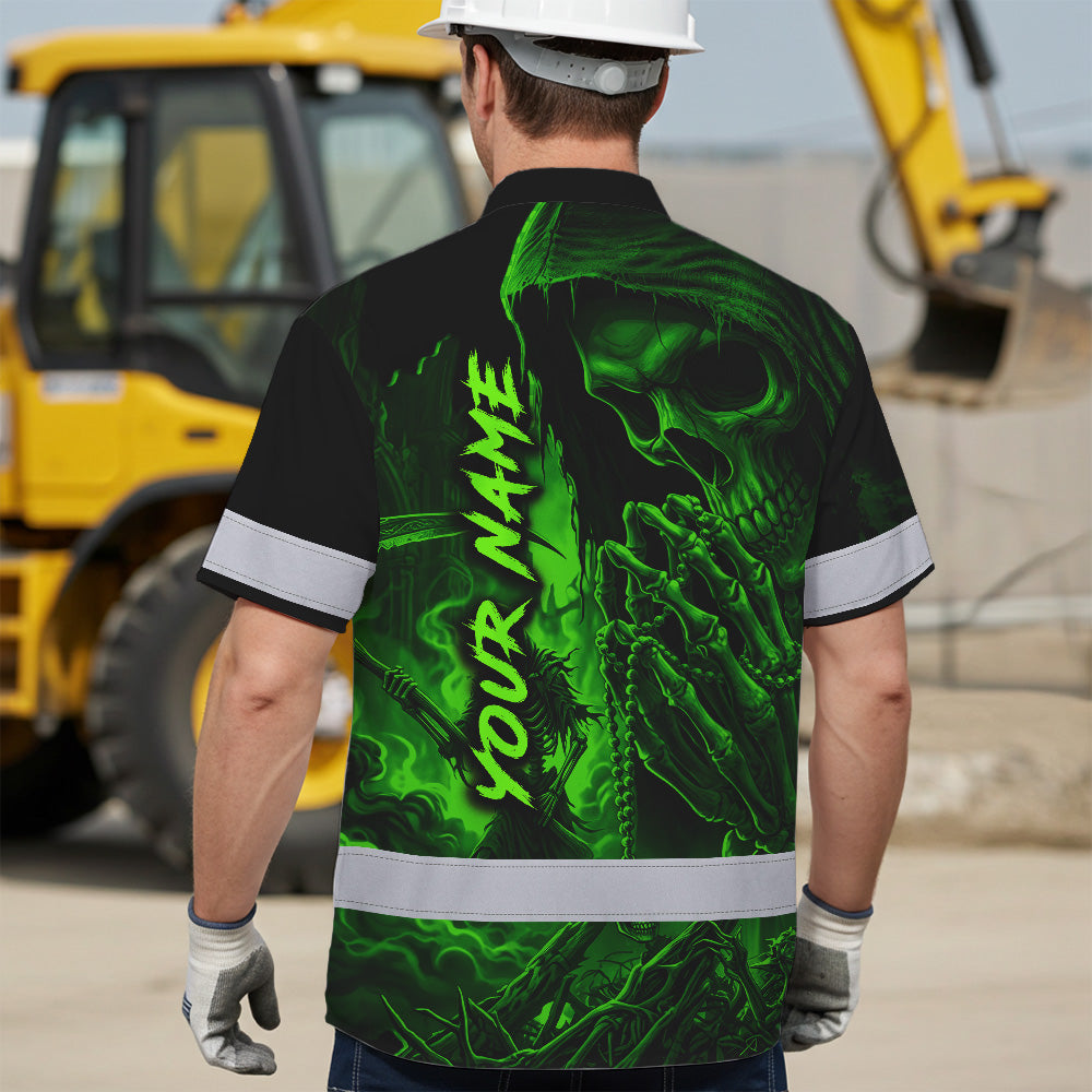 Hi Vis Hawaiian Shirt, Green Reaper Skull Custom Name High Visibility Short Sleeve Button Up Safety Shirt for Workers, Truckers