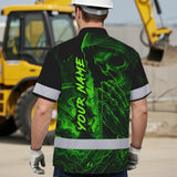 Hi Vis Hawaiian Shirt, Green Reaper Skull Custom Name High Visibility Short Sleeve Button Up Safety Shirt for Workers, Truckers