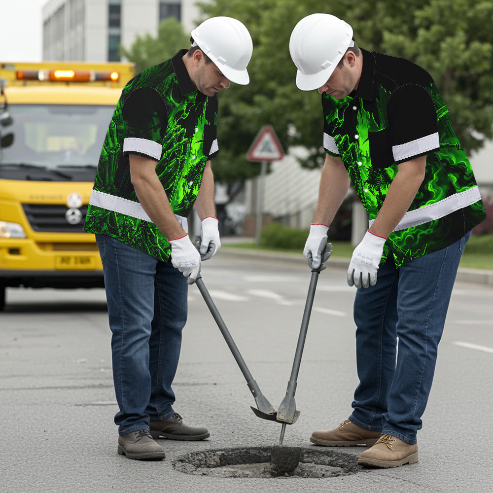 Hi Vis Hawaiian Shirt, Green Reaper Skull Custom Name High Visibility Short Sleeve Button Up Safety Shirt for Workers, Truckers
