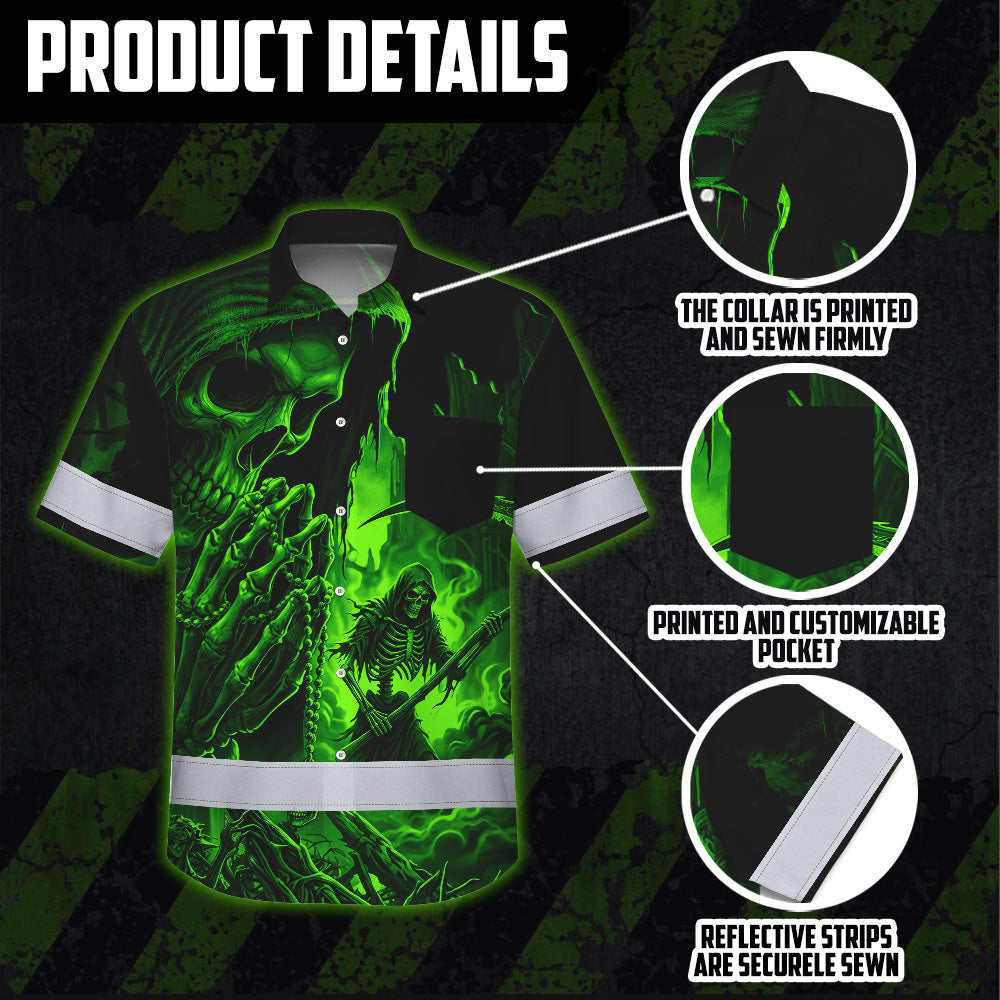 Hi Vis Hawaiian Shirt, Green Reaper Skull Custom Name High Visibility Short Sleeve Button Up Safety Shirt for Workers, Truckers
