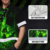 Hi Vis Hawaiian Shirt, Green Reaper Skull Custom Name High Visibility Short Sleeve Button Up Safety Shirt for Workers, Truckers