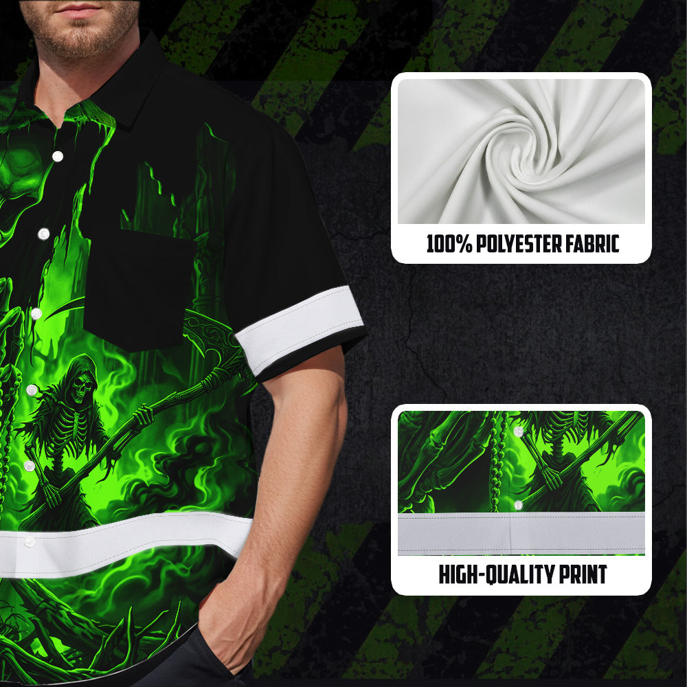 Hi Vis Hawaiian Shirt, Green Reaper Skull Custom Name High Visibility Short Sleeve Button Up Safety Shirt for Workers, Truckers