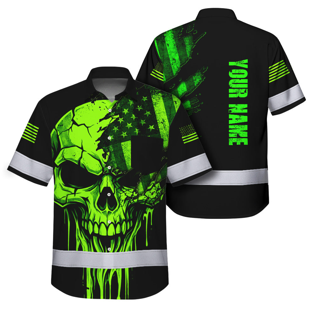 Hi Vis Hawaiian Shirt, Green Skull Scratch Flag Custom Name High Visibility Short Sleeve Button Up Safety Shirt for Workers, Truckers