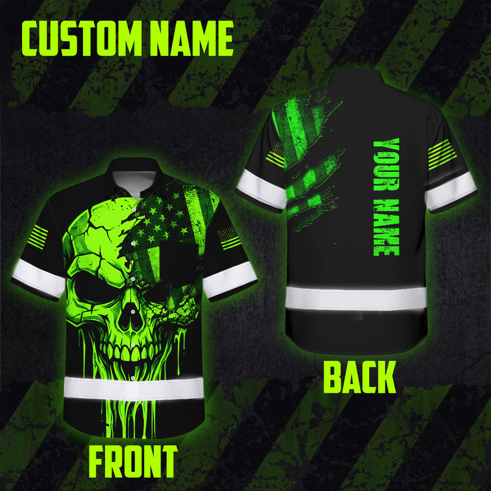 Hi Vis Hawaiian Shirt, Green Skull Scratch Flag Custom Name High Visibility Short Sleeve Button Up Safety Shirt for Workers, Truckers