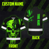 Hi Vis Hawaiian Shirt, Green Skull Scratch Flag Custom Name High Visibility Short Sleeve Button Up Safety Shirt for Workers, Truckers