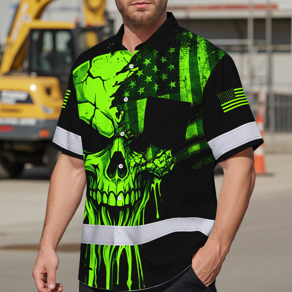 Hi Vis Hawaiian Shirt, Green Skull Scratch Flag Custom Name High Visibility Short Sleeve Button Up Safety Shirt for Workers, Truckers
