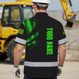 Hi Vis Hawaiian Shirt, Green Skull Scratch Flag Custom Name High Visibility Short Sleeve Button Up Safety Shirt for Workers, Truckers