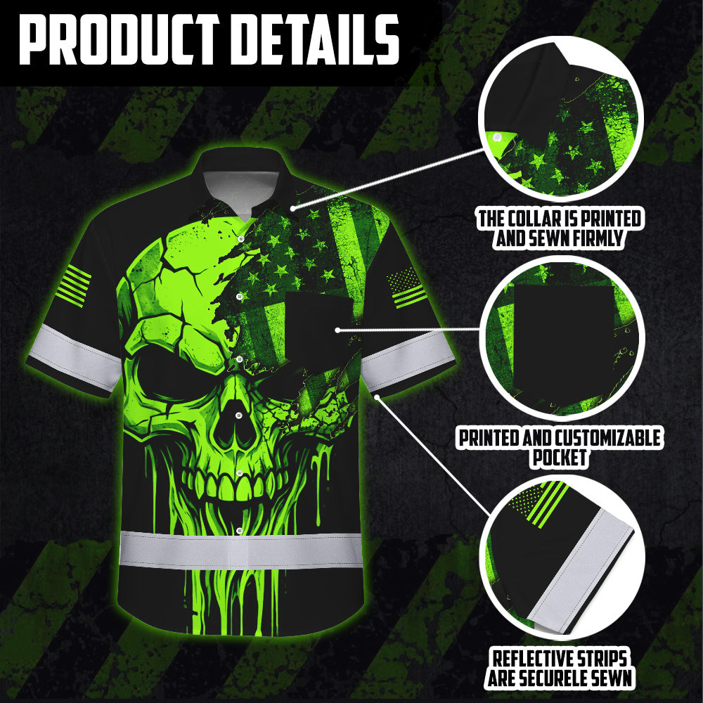 Hi Vis Hawaiian Shirt, Green Skull Scratch Flag Custom Name High Visibility Short Sleeve Button Up Safety Shirt for Workers, Truckers