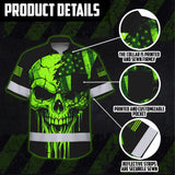 Hi Vis Hawaiian Shirt, Green Skull Scratch Flag Custom Name High Visibility Short Sleeve Button Up Safety Shirt for Workers, Truckers