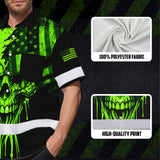Hi Vis Hawaiian Shirt, Green Skull Scratch Flag Custom Name High Visibility Short Sleeve Button Up Safety Shirt for Workers, Truckers