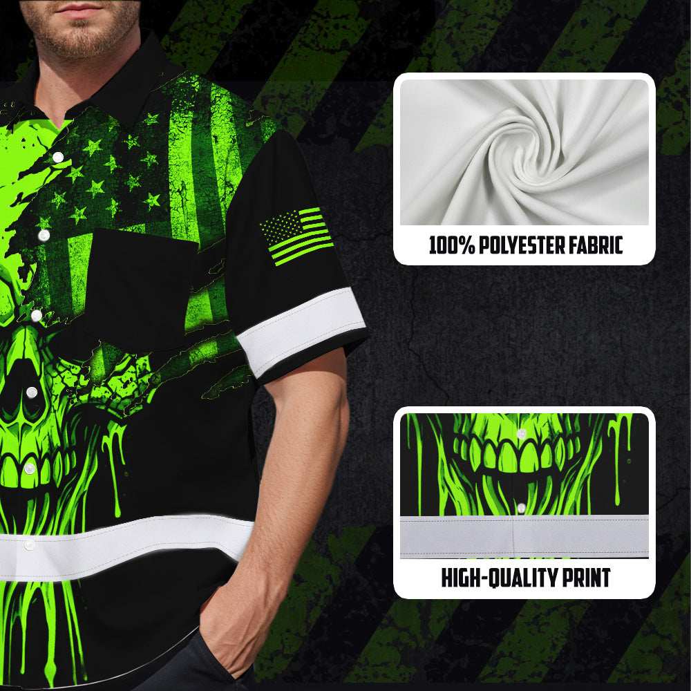 Hi Vis Hawaiian Shirt, Green Skull Scratch Flag Custom Name High Visibility Short Sleeve Button Up Safety Shirt for Workers, Truckers
