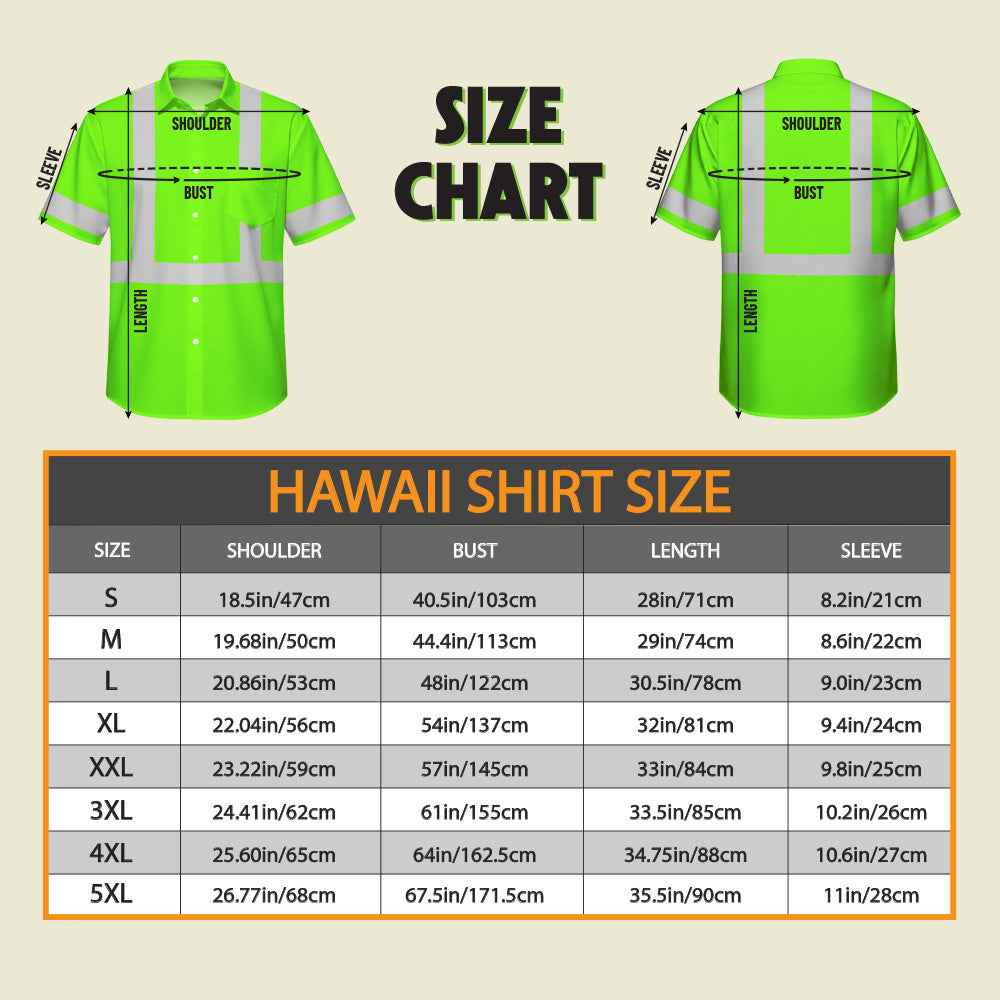 Hi Vis Hawaiian Shirt, Green Skull Scratch Flag Custom Name High Visibility Short Sleeve Button Up Safety Shirt for Workers, Truckers