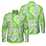 Hi Vis Hawaiian Long Sleeve Shirt Reflective Tapes Green Neon White Flowers Custom Name Safety Workwear For Workers, Truckers