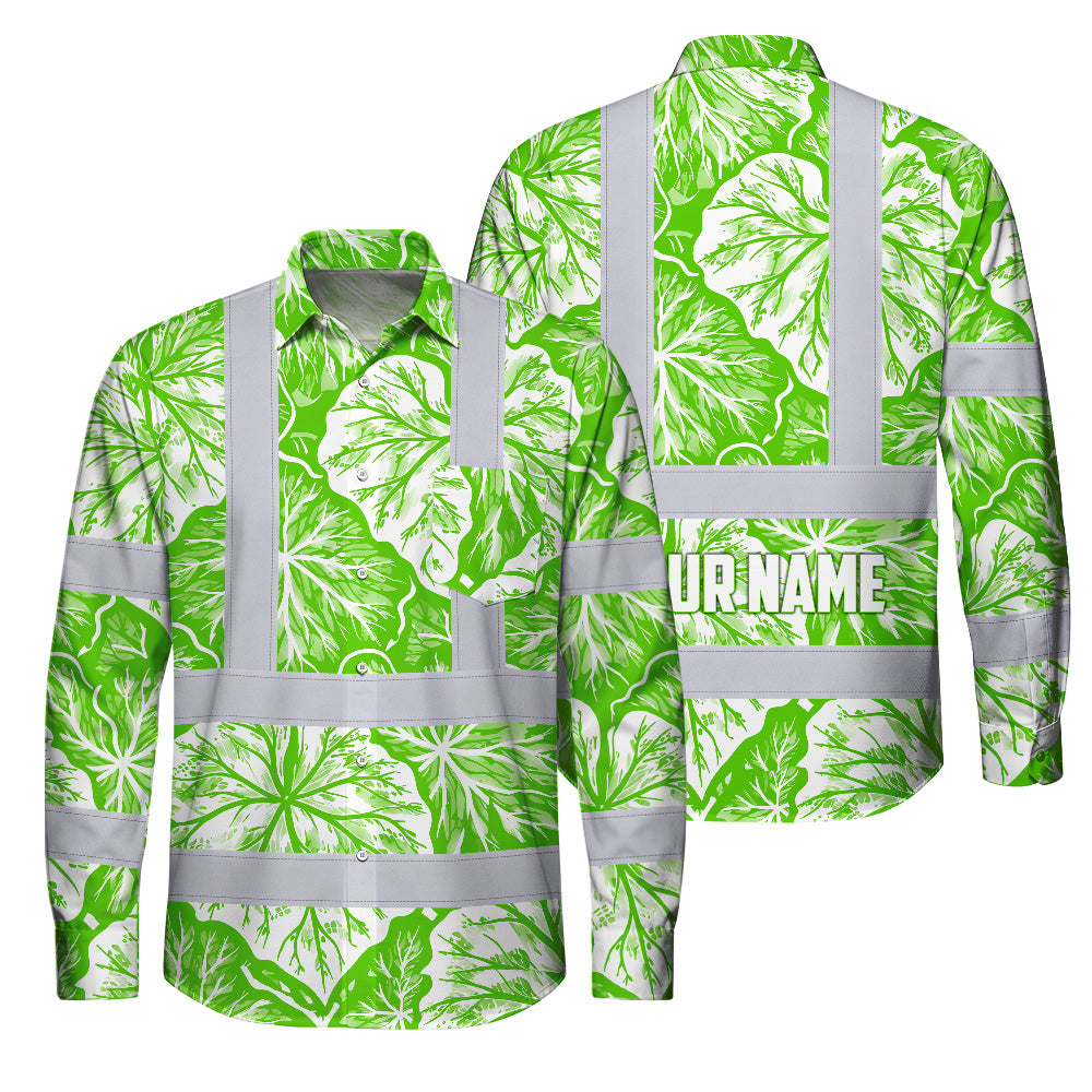 Hi Vis Hawaiian Long Sleeve Shirt Reflective Tapes Green Neon White Flowers Custom Name Safety Workwear For Workers, Truckers