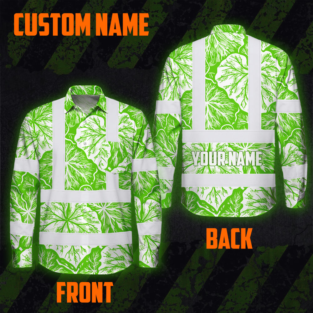 Hi Vis Hawaiian Long Sleeve Shirt Reflective Tapes Green Neon White Flowers Custom Name Safety Workwear For Workers, Truckers