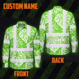 Hi Vis Hawaiian Long Sleeve Shirt Reflective Tapes Green Neon White Flowers Custom Name Safety Workwear For Workers, Truckers