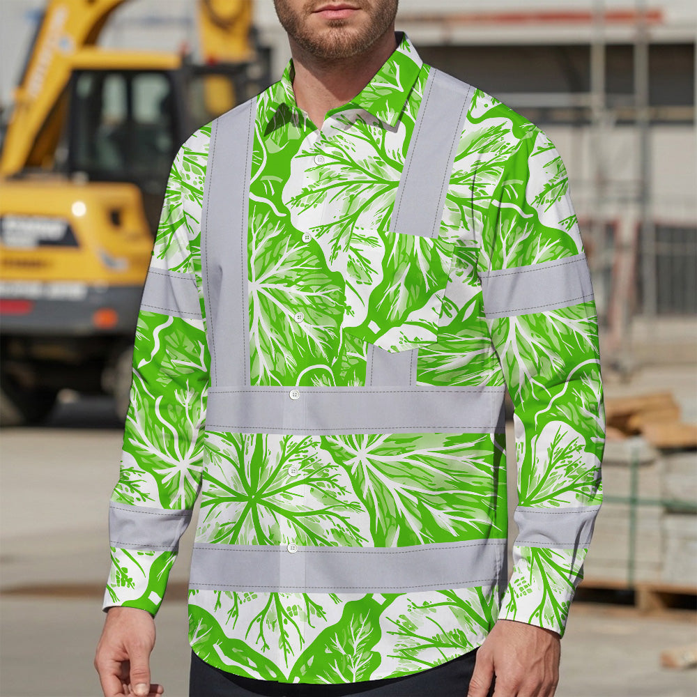 Hi Vis Hawaiian Long Sleeve Shirt Reflective Tapes Green Neon White Flowers Custom Name Safety Workwear For Workers, Truckers