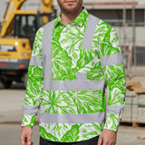 Hi Vis Hawaiian Long Sleeve Shirt Reflective Tapes Green Neon White Flowers Custom Name Safety Workwear For Workers, Truckers